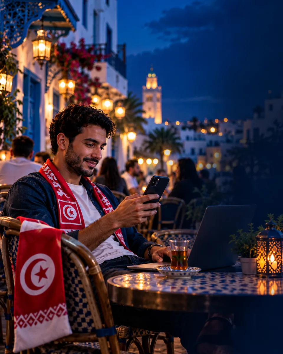 Agent 1xBet travaillant depuis son smartphone dans un café de Tunis